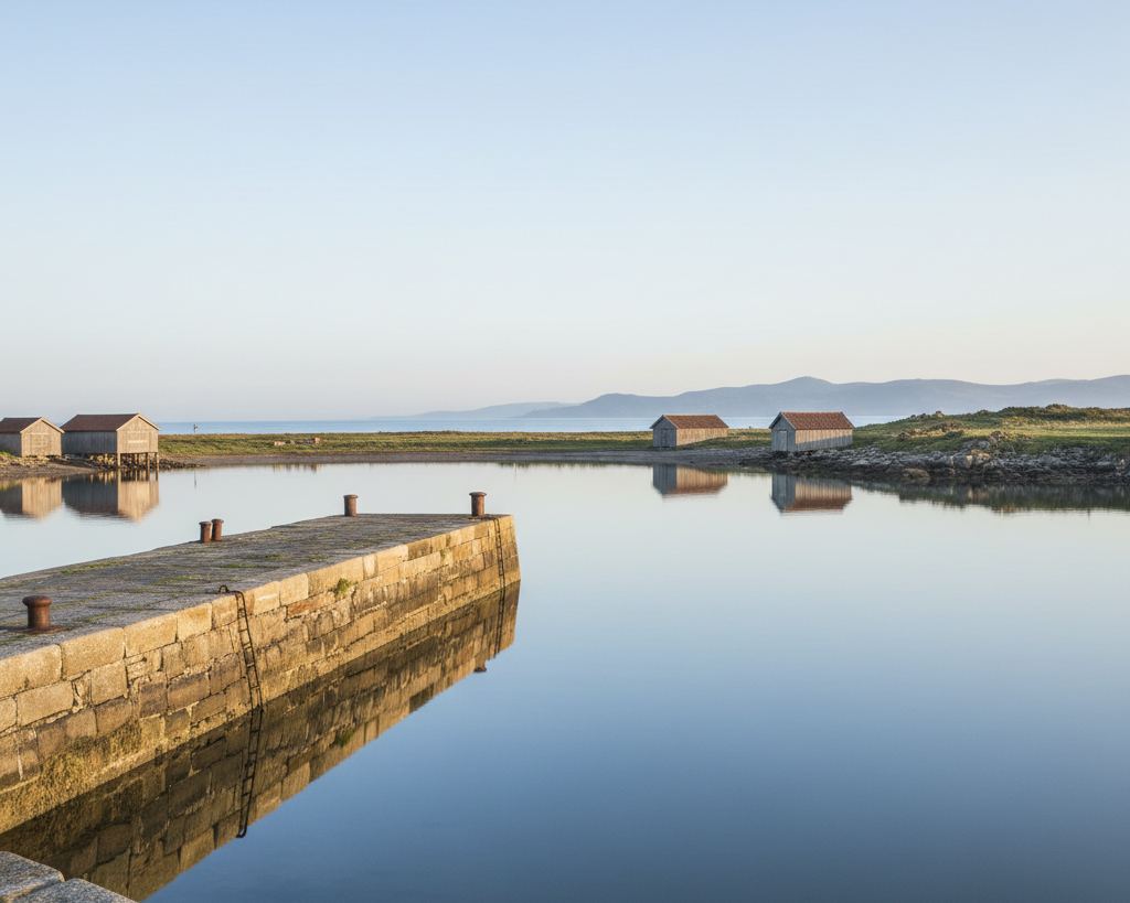 An empty quay at a small harbour on a flat calm morning, nothing tied up