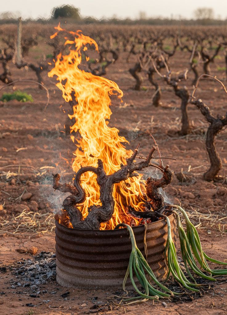 Vine prunings burning in old iron with long onions charring at the flame edge