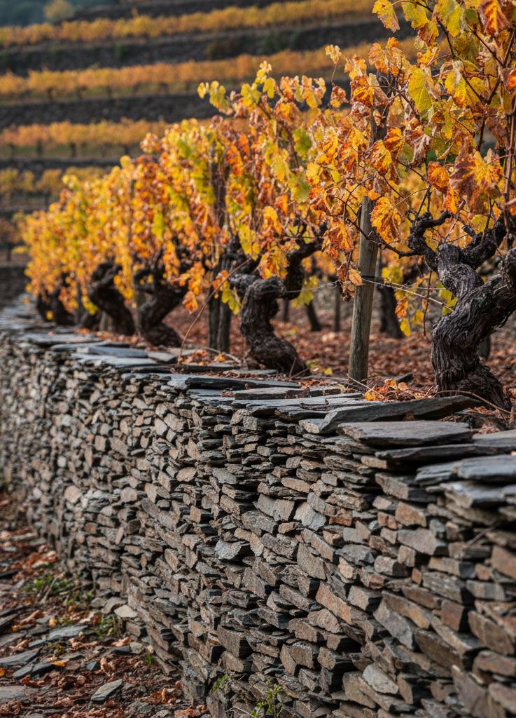Hand stacked slate wall holding a vine terrace, autumn leaves above the stones.