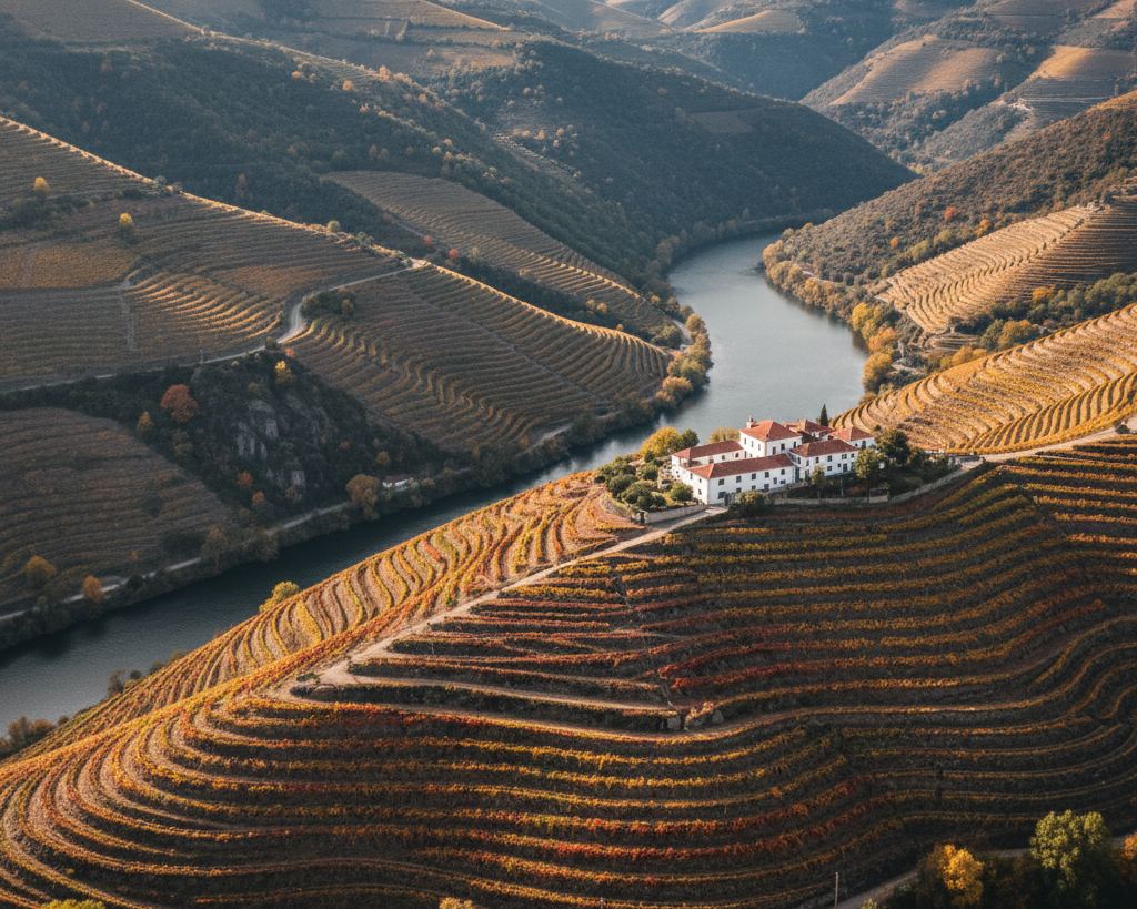 Steep terraced vineyards in autumn colour dropping to a dark river in a deep valley