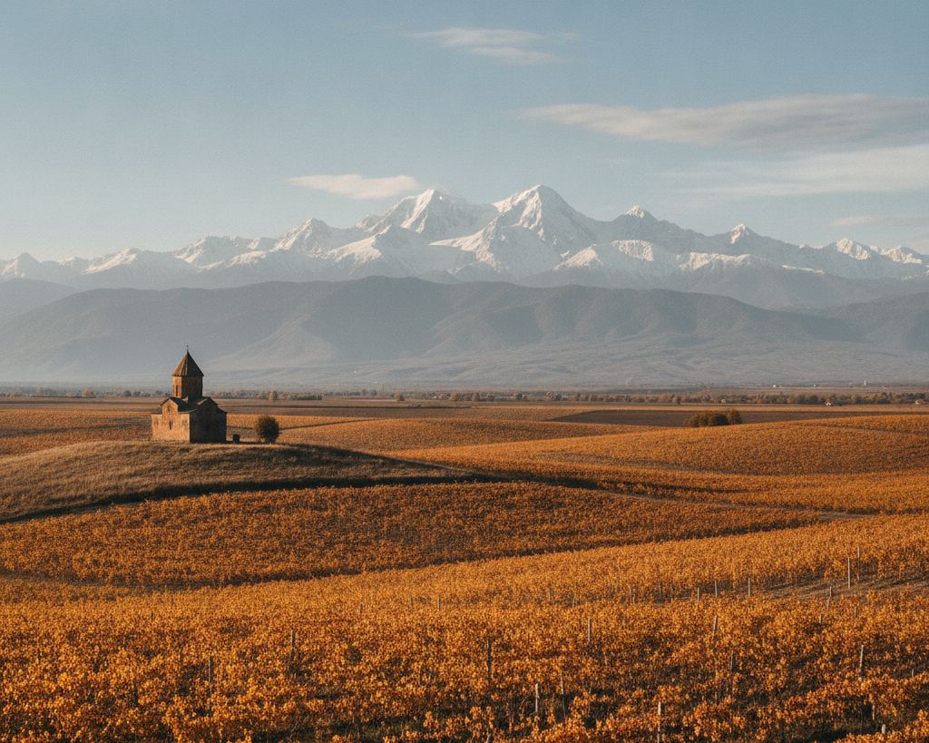 Georgian vineyards on a plain in autumn with the snow line of the Greater Caucasus behind