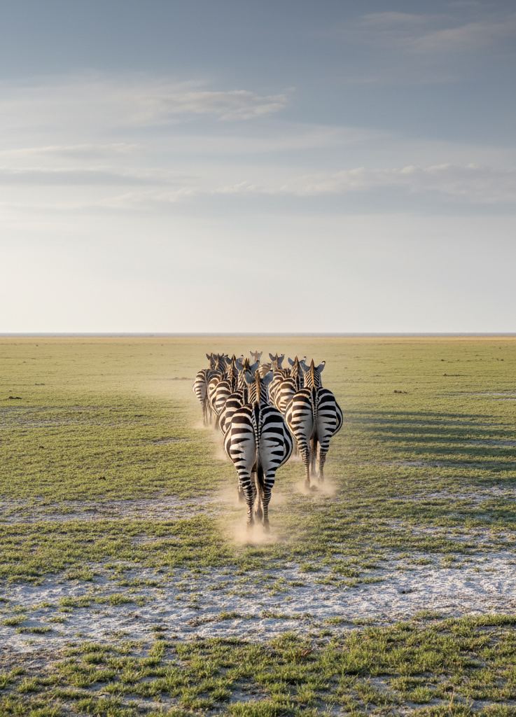 Zebra walking in single file across short green grass in morning light.