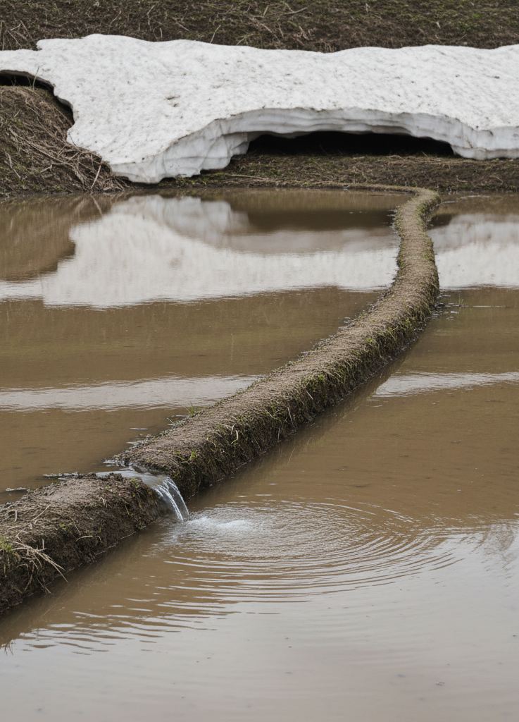 A narrow flooded rice terrace with meltwater spilling through a cut in an earth bund