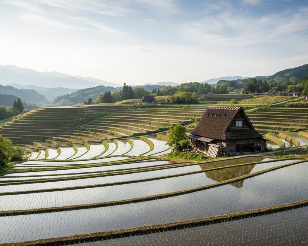 Flooded terraced rice paddies mirroring the sky on a Japanese hillside in late spring