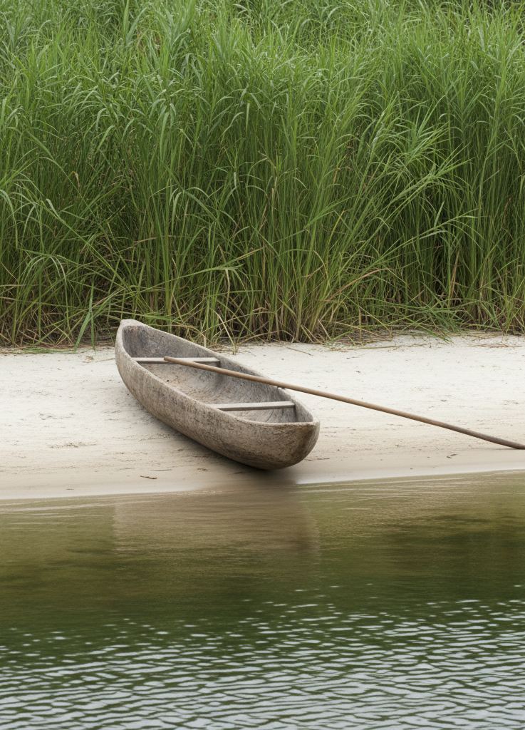 An empty shallow dugout canoe with a long pole across it beside a clear channel