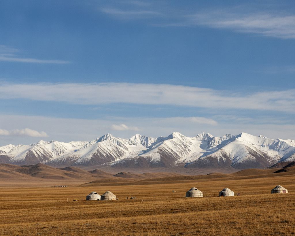 The Mongolian Altai in early October, brown steppe and snow peaks, felt tents small on the plain