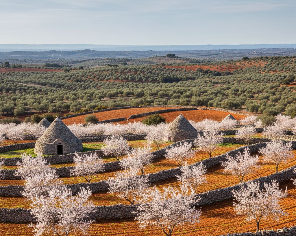 Low stone-walled fields with white almond blossom and conical dry-stone huts, red earth, olive groves beyond