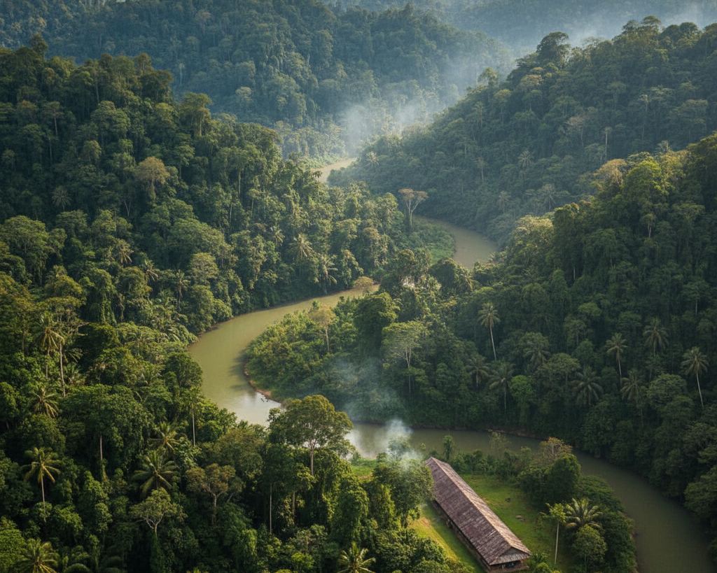 Dense Borneo rainforest on steep hills with a river below and a longhouse roof visible in a clearing