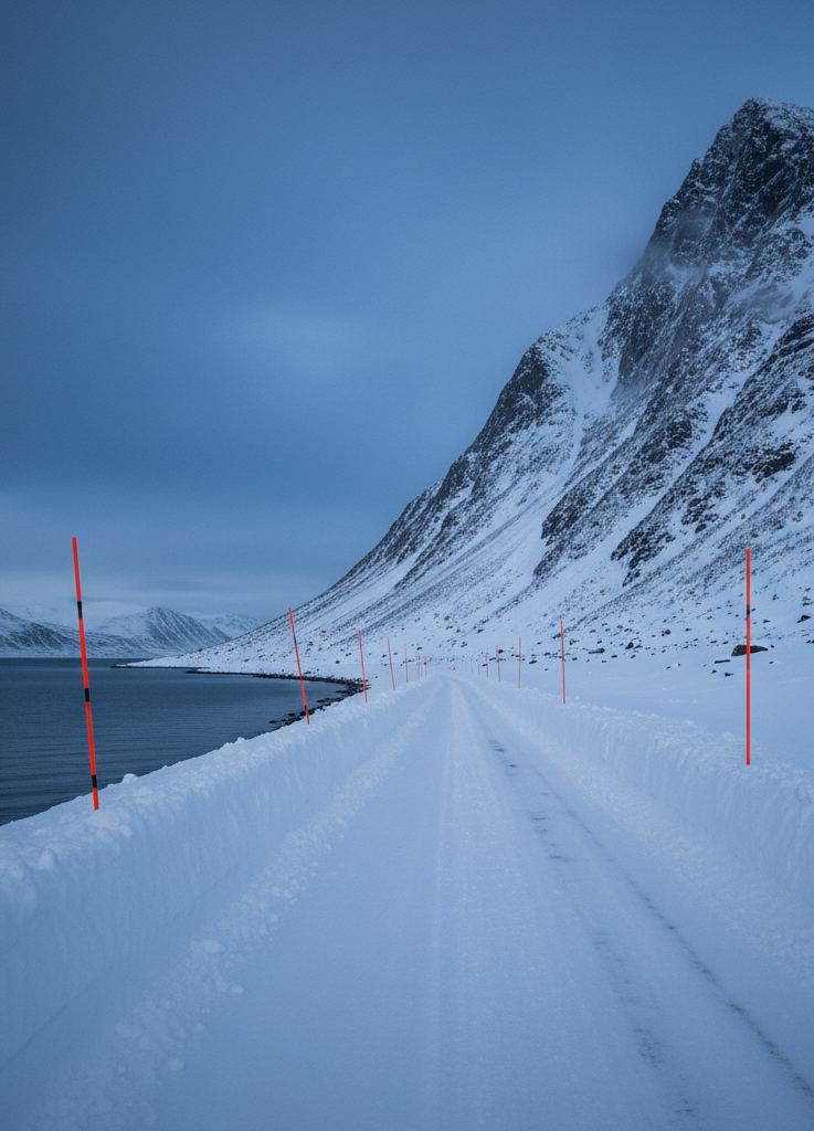 Single lane road plowed through deep snow with marker poles beside an Arctic fjord
