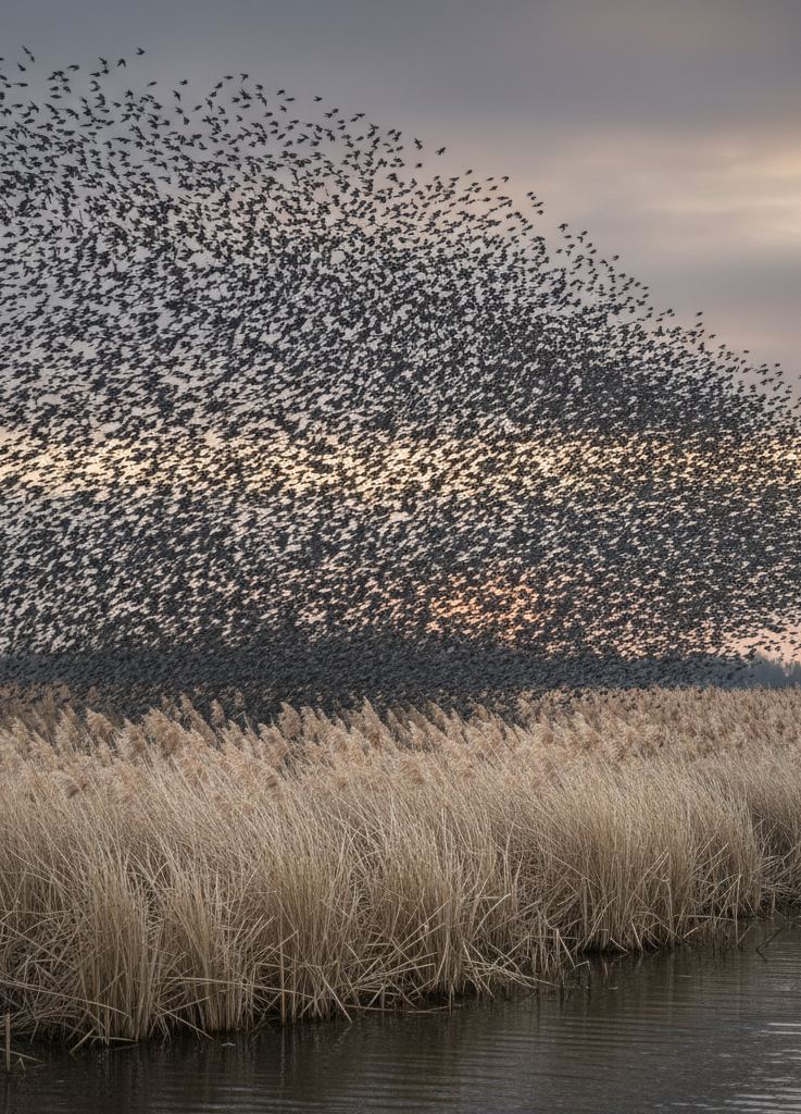 Dense flock of starlings streaming down into pale reeds at dusk
