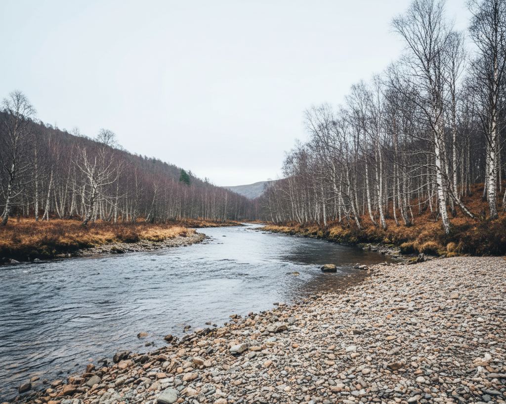 A broad Scottish salmon river running between bare birch woods in late winter, low light