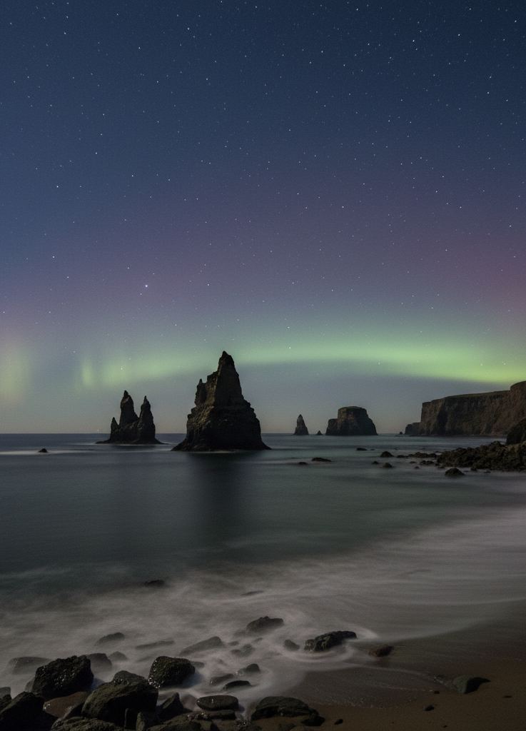 A dark southern coastline under a clear night sky with faint green and red light low on the horizon